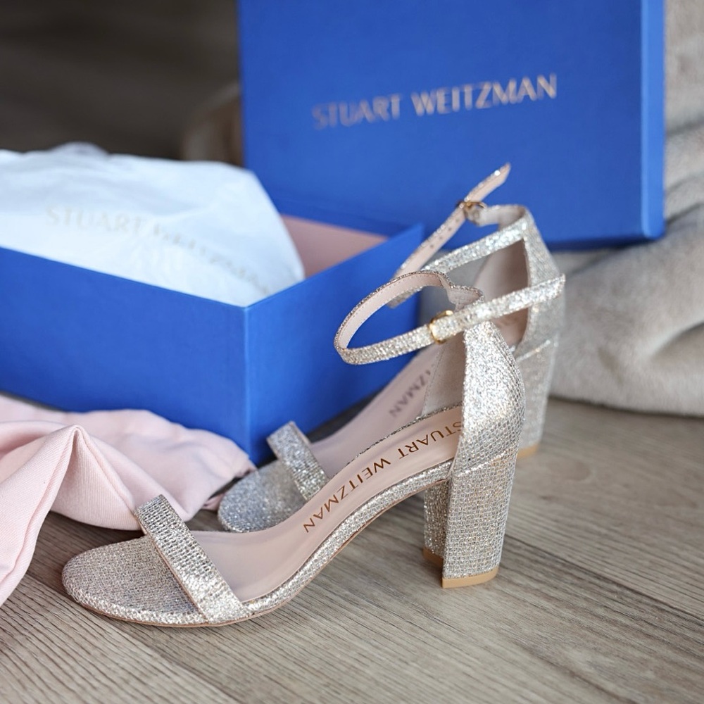 Stuart Weitzman Nudistcurve Glitter Block-Heel Sa… - image 4